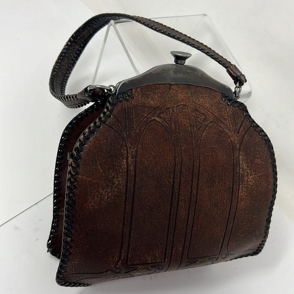 Vintage 1920’s Hand Tooled Brown Leather Purse Metal Snap Frame Closure - Picture 6 of 16